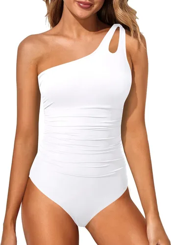 Vista 44 de Women's One Shoulder One Piece Tummy Control Swimsuit Full Coverage Diseño de ojo de cerradura, ajuste de cobertura completa, estilo modesto Negro