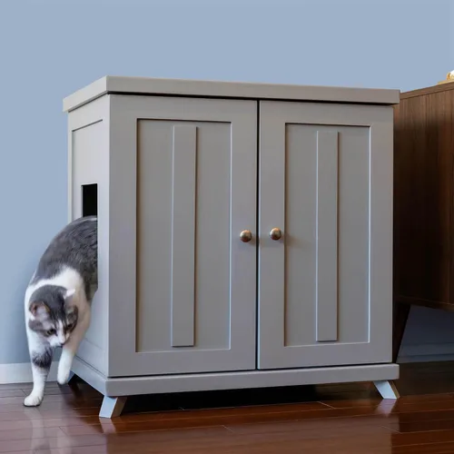 Vista 16 de THE REFINED FELINE Armario de caja de arena para gatos, agitador, gris humo, niveladores ajustables, grande, muebles ocultos para gatos con cajón