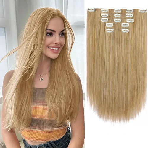 Vista 14 de Extensiones de cabello sintético con clip, color burdeos de 18 pulgadas de largo, invisibles, gruesas, extensiones de cabello lacio con clips, 5