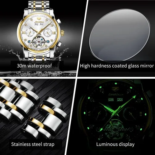 Vista 4 de JSDUN Relojes para hombre automático de cuerda automática, reloj de pulsera mecánico, multicalendario, acero inoxidable, mes, fecha, semana