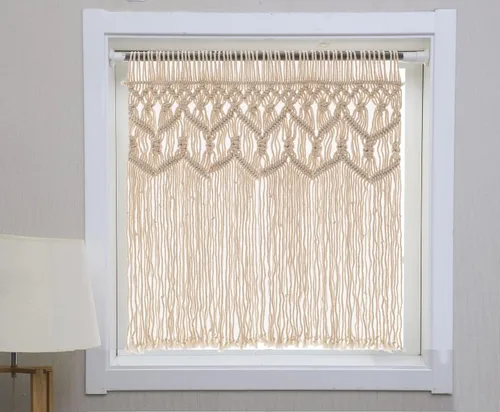 Vista 2 de Cenefa de algodón texturizado de macramé bohemio – Cortinas de ventana de cocina y decoración de pared – Cenefa de macramé – Cortinas para ventana
