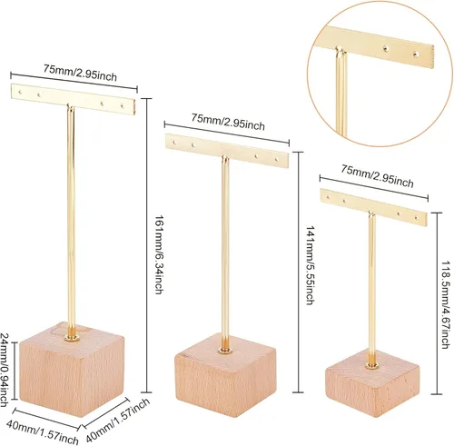 Vista 2 de FINGERINSPIRE Soporte de exhibición de aretes de barra en T de metal dorado con base cuadrada de madera 4 agujeros organizador de aretes colgantes