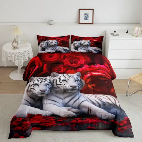 Vista 24 de Erosebridal Juego de ropa de cama de guepardo con rosa azul, juego de edredón con estampado de leopardo y gato, edredón romántico de plumón