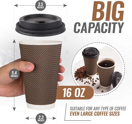 Vista 2 de Promora Tazas de café desechables marrones con tapas de 16 onzas, tazas de papel onduladas de papel aislado premium para café caliente
