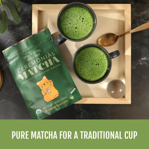 Vista 6 de Two Leaves and a Bud Té verde matcha ceremonial orgánico, 100% polvo de matcha japonés, palitos de una sola porción de 0.05 onzas preporcionadas