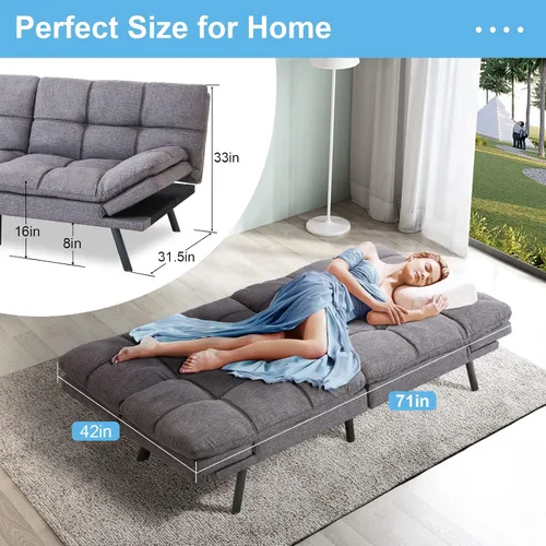 Vista 4 de Opoiar Moderno sofá cama convertible, futón de espuma viscoelástica, cama de dos plazas de 71 x 33 x 32 pulgadas, de lino transpirable ajustable