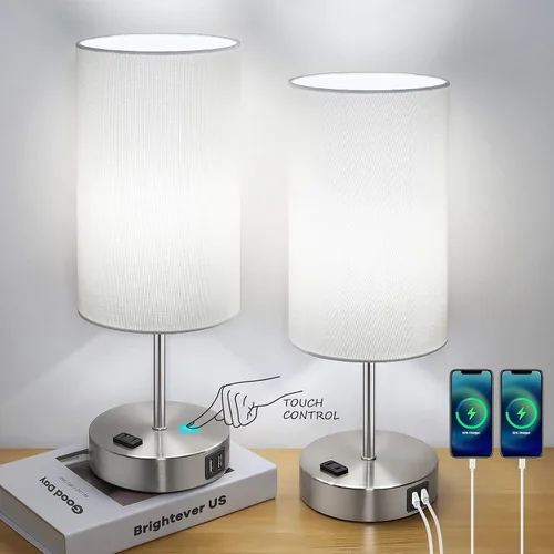 Vista 10 de Lámparas de mesita de noche con 2 puertos de carga USB y salida de CA, juego de 2 mesas de noche con base de madera de control táctil, lámparas Crema