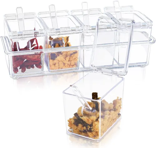 Vista 9 de Caja de condimentos transparente, 8 piezas de condimentos para especias, contenedor de almacenamiento de plástico, tarros de condimentos con tapas
