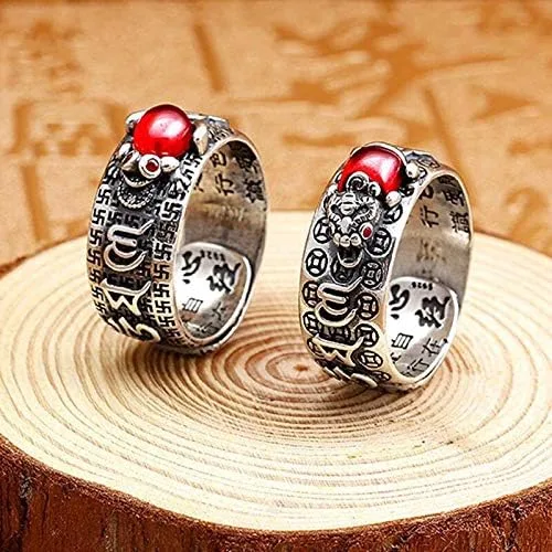 Vista 4 de Anillo vintage de plata Feng Shui Pixiu para mujeres y hombres, grabado de textos budistas, alivio máximo, dragón, sapo, pixiu, cameo, riqueza
