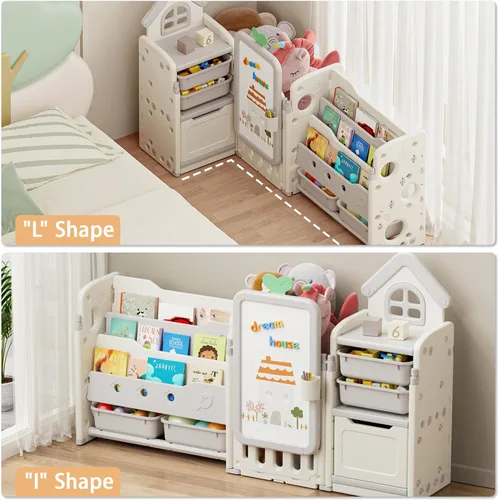 Vista 8 de Organizador de Almacenamiento de Juguetes para Niños con 10 Cubos Extraíbles, Organizadores de Juguetes Plegables y Almacenamiento con Estantería