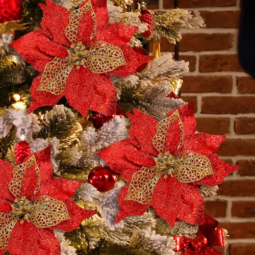 Vista 6 de Juego de 20 flores de pascua de 8.7 pulgadas de ancho, 3 capas de flores de Pascua rojas con purpurina, adornos para árbol de Navidad rojo, coronas