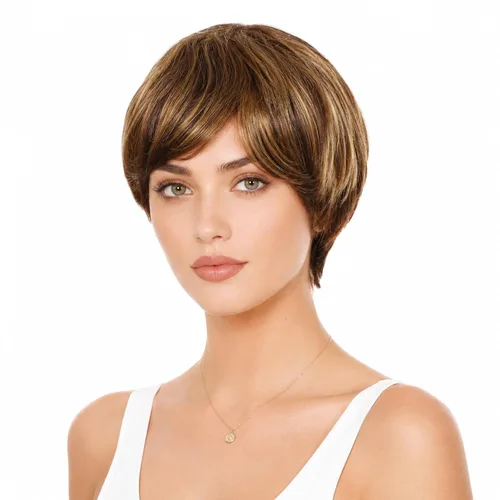 Vista 16 de Creamily Peluca corta rubia de corte Pixie con flequillo para mujer, pelucas sintéticas en capas onduladas con raíces oscuras para mujer, peluca