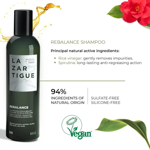Vista 4 de Lazartigue Rebalance Champú, vinagre de arroz y espirulina, purifica las raíces grasas y equilibra la humedad, vegano, sin sulfatos y silicona, 8.4
