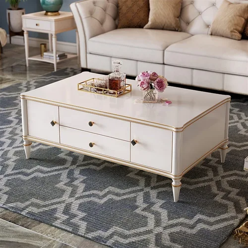 Vista 2 de Mesa de té para sala de estar, mesa de centro blanca vintage, mesa rectangular de madera de 50 pulgadas con gran almacenamiento para sala de estar