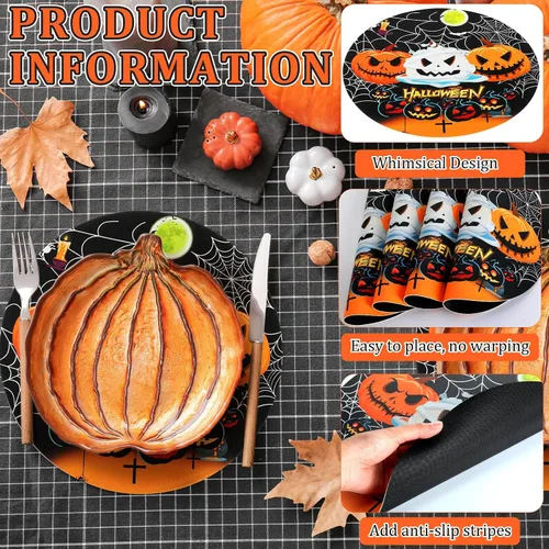 Vista 3 de Juego de 6 manteles individuales redondos de calabaza de Halloween, lavables, de piel de calabaza, juego de 6 manteles individuales para fiesta