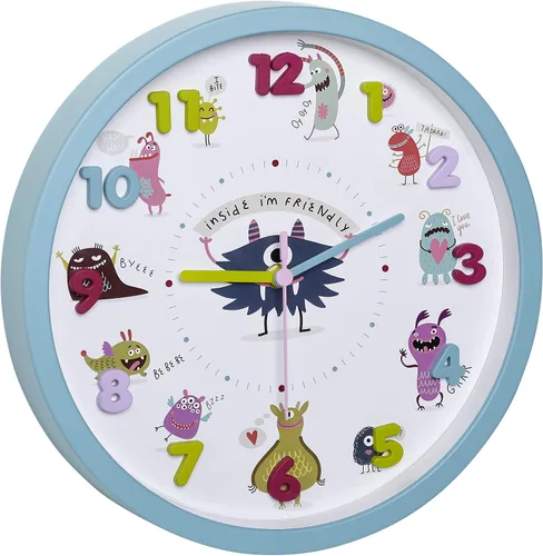 Vista 4 de TFA Dostmann Kids - Reloj de pared para niños, 60.3051.14, con motivos de animales, profesor de tiempo, sin tictac de cuarzo Azul claro