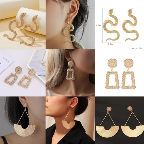 Vista 4 de 13 pares de aretes geométricos de oro y plata exagerados, aretes punk, elegantes aretes trenzados sectorios, joyería para mujeres y niñas