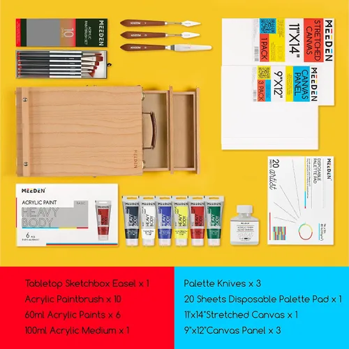 Vista 2 de MEEDEN Juego de pintura acrílica con caballete: 44 piezas de suministros de arte Kit de pintura con caja de mesa caballete para adultos - 6 pinturas
