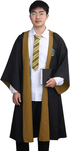 Vista 5 de EIRIEN Bata de mago para la escuela, disfraz de mago para adultos, hombres y niños, con capucha, varita mágica, capa de Halloween, cosplay, disfraz