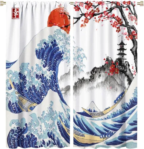 Vista 18 de Koi Fish - Cortinas opacas para cocina, estilo japonés, románticas, con estampado de flores de cerezo, con bolsillo para cortinero, cortinas opacas