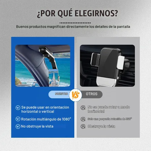Vista 6 de Soporte de Teléfono para Parasol de Automóvil, Soporte Giratorio de Teléfono Celular con Visión Trasera de 360°, 1080 Multifunción Giratorio y Negro