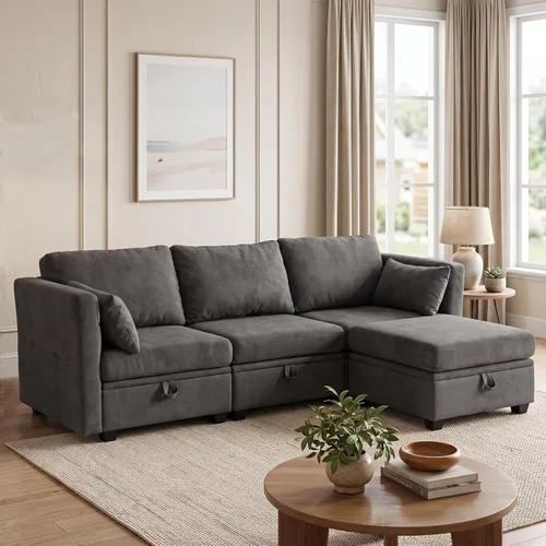 Vista 19 de Sofá con Otomano en Forma de L Pequeño con Asientos Almacenables de 57" Sofá Seccional Modular con Brazos y Respaldo Reclinables Sofá Convertible