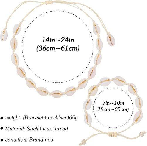 Vista 5 de Juego de collar y pulsera de concha natural para mujer, hecho a mano, gargantilla ajustable con concha natural