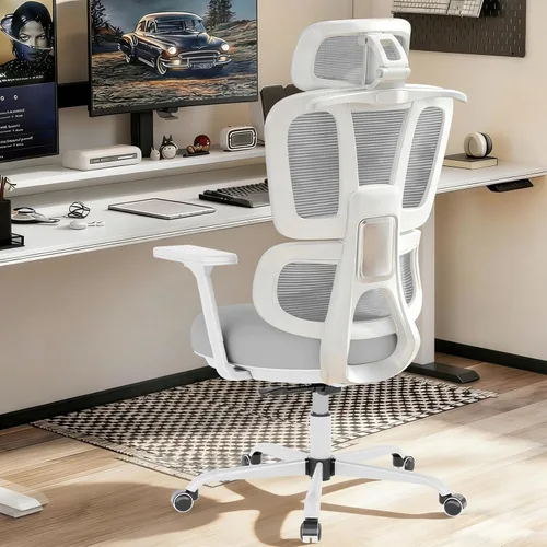 Vista 8 de Silla de oficina con respaldo alto, silla de escritorio de malla, silla ergonómica para computadora con reposacabezas, reposabrazos ajustables 3D