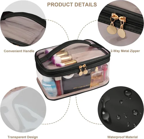 Vista 4 de Bolsa de aseo transparente, organizador de artículos de aseo de viaje transparente, gran apertura, bonita bolsa de maquillaje de viaje, artículos