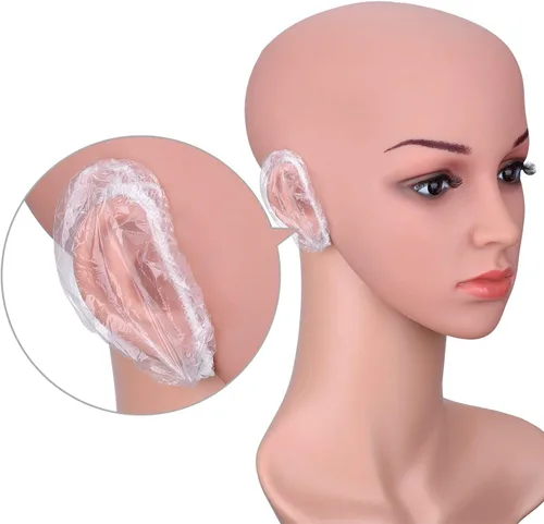 Vista 3 de Outus - 100 unidades de protectores de oído desechables transparentes de plástico, impermeables para ducha, tinte de pelo, baño