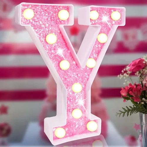 Vista 12 de Letras rosas iluminadas con purpurina, letras del alfabeto rosas, letreros de luces LED en marquesina rosas con batería para iluminación nocturna