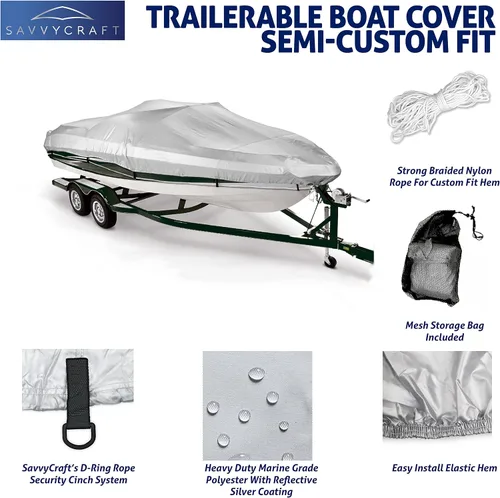 Vista 2 de Savvycraft Funda para lancha de 12 a 14 pies, poliéster resistente e impermeable de grado marino para lanchas V-Hull, lanchas de bajo