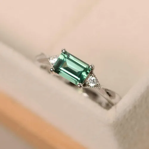 Vista 2 de LUO Anillo de plata de ley 925 con corte esmeralda de 0.276 x 0.197 in, anillo de promesa horizontal para mujer