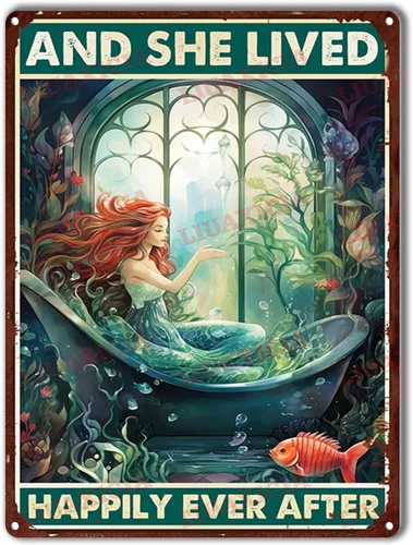 Vista 12 de LIUAXICIA Letrero de lata retro con diseño de sirena y ella vivió feliz para siempre, para decoración del hogar, 8 x 12 pulgadas, pintura de lata