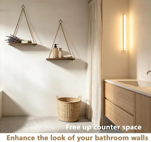 Vista 2 de Juego de 2 estantes colgantes de pared, estilo bohemio, triangular, acabado de madera, montaje en pared, 2 estantes, sala de estar, dormitorio