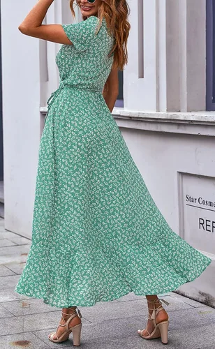 Vista 4 de PRETTYGARDEN - Vestido largo de verano cruzado para mujer, con cuello en V, estilo bohemio, floral, manga corta, dobladillo con volantes