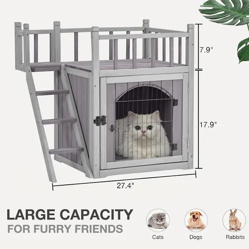 Vista 2 de Casa de gato para interiores y exteriores, refugio de gatos de madera con puerta de alambre bloqueable, balcón y escaleras