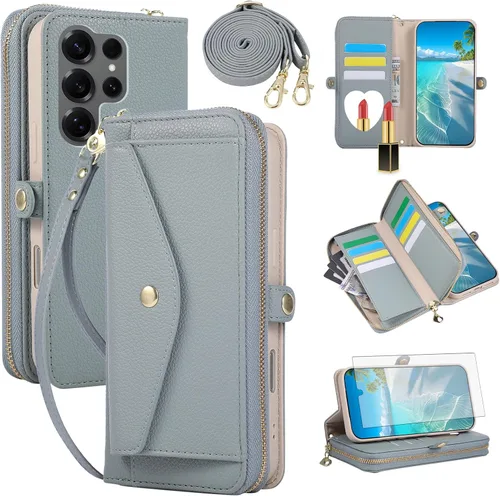 Vista 29 de Asuwish Funda de teléfono para Samsung Galaxy S23 5G con cremallera, funda para celular con protector de pantalla, correa para el hombro, espejo