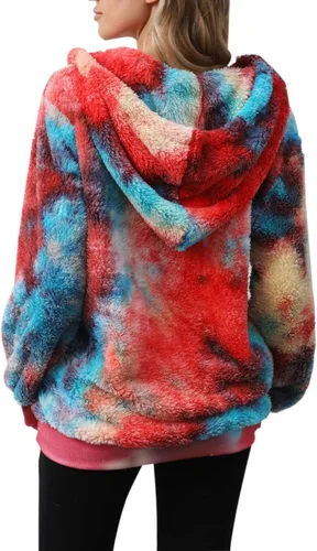 Vista 4 de Nirovien Sudadera Sherpa con capucha para mujer diseño de teñido anudado con doble forro polar mullida de gran tamaño a cuadros