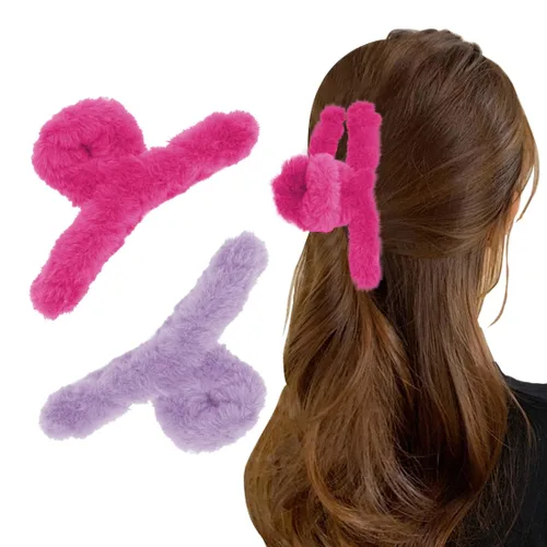 Vista 7 de 2 pinzas peludas para el cabello de felpa para cabello grueso y delgado, pinzas grandes antideslizantes de pelo sintético para mujeres