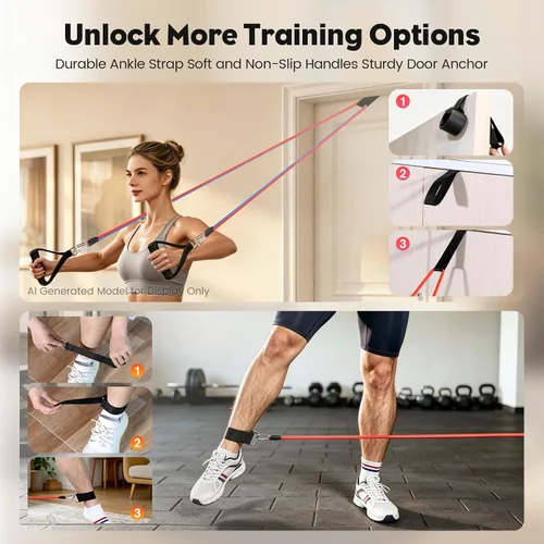 Vista 6 de Resistance Bands Set, Himaly Exercise Bands Strength Training Fitness Bands Workout Elastic Bands with Legs Ankle Straps, Door Anchor, Handles &
