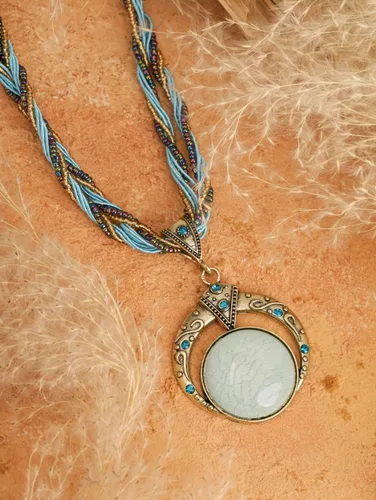Vista 6 de MINACHI Multilayer Beads Chain Necklace, Turquoise-Toned Stone Pendant, Vintage Hippie Retro Bohemia Style, Fashion Jewelry for Women