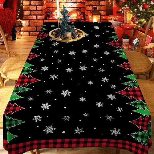 Vista 4 de pinata Manteles de Navidad de 52 x 70 pulgadas, mantel rectangular con diseño de árboles de Navidad, diseño de búfalo negro, a cuadros, oblongos