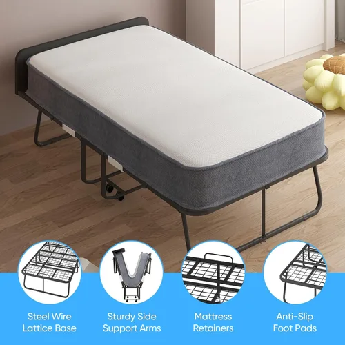 Vista 7 de Mjkone Cama plegable con colchón, cama rodante para adultos con cabecero y bolsa antipolvo, cama plegable portátil de 5 pulgadas para huéspedes