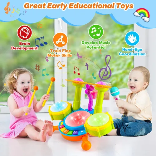 Vista 4 de Juego de batería para niños pequeños de 1 a 3 años, juguetes musicales para bebés de 1 año, regalos para niños, juguetes Montessori para niñas