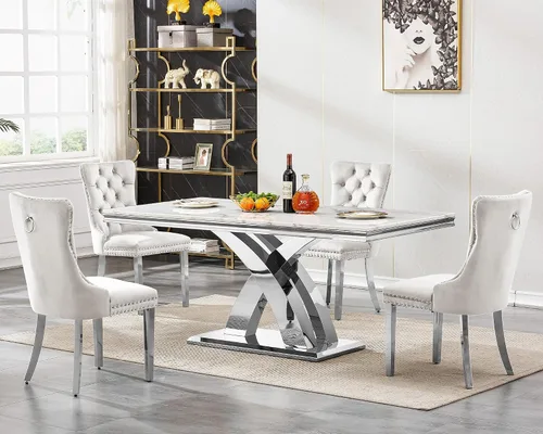 Vista 23 de Juego de mesa de comedor de 5 piezas para 4, mesa de cocina de mármol negro de 68 pulgadas con 4 sillas beige, mesa de comedor rectangular moderna