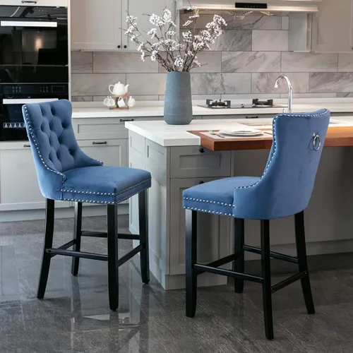 Vista 12 de Juego de 2 Sillas de Comedor, Modernos Taburetes de Bar Tapizados de Terciopelo con Decoración de Botones Capitoné y Patas de Madera, Ribete
