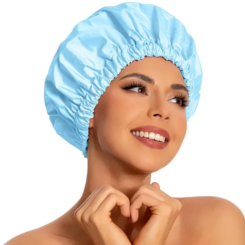 Vista 30 de Gorro de ducha reutilizable para mujer, grande, impermeable, lavable, banda elástica, accesorios de baño, sombrero para cabello largo, trenzas Beige
