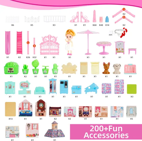 Vista 4 de OCTERIC Casa de muñecas para niñas, casa de muñecas de 13 habitaciones con 2 figuras de muñecas, luces, cachorros, muebles, accesorios, casa