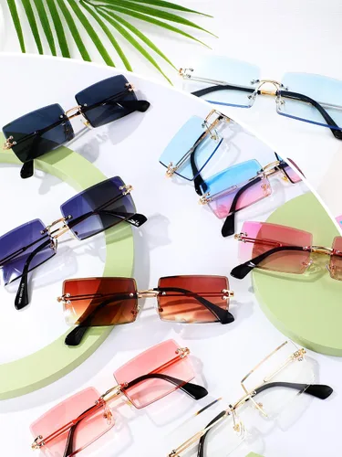 Vista 4 de 8 pares de lentes de sol rectangulares sin montura vintage con lente tintada metal dorado sin marco gafas de sol para mujeres y hombres Oro